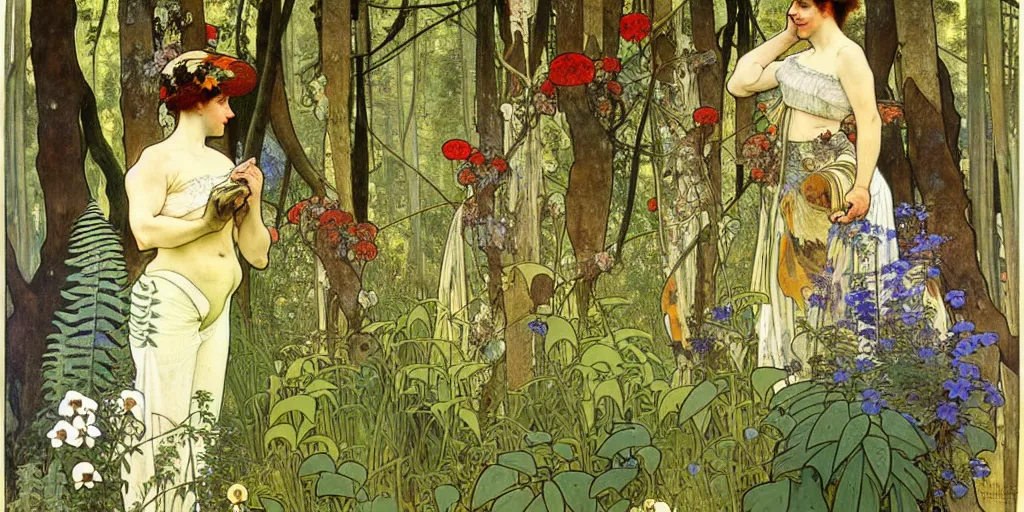 Image similar to a beautiful painting of wild animals in the woods with vines and ferns and flowers, painted by carl larsson and alphonse mucha