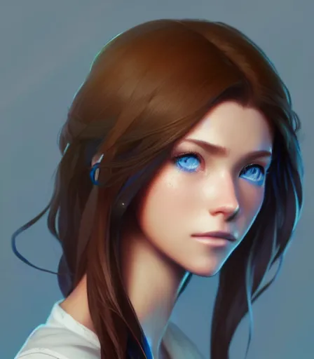Prompt: portrait of a young woman with blue eyes, brown hair and a perfect body, wearing casual clothes, character design by charlie bowater, ross tran, artgerm, and makoto shinkai, detailed, soft lighting, rendered in octane