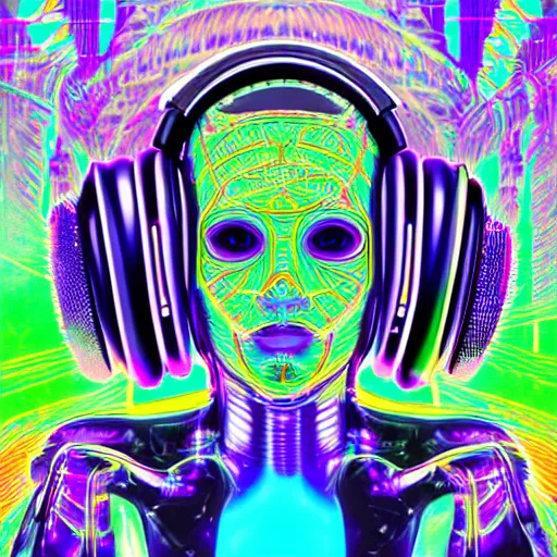 Prompt: hyperdetailed masterpiece portrait of a cyberpunk robot, covered in colorful glowing holy geometry and chakras, wearing headphones, symmetrical, 8 k, halluzinogenic