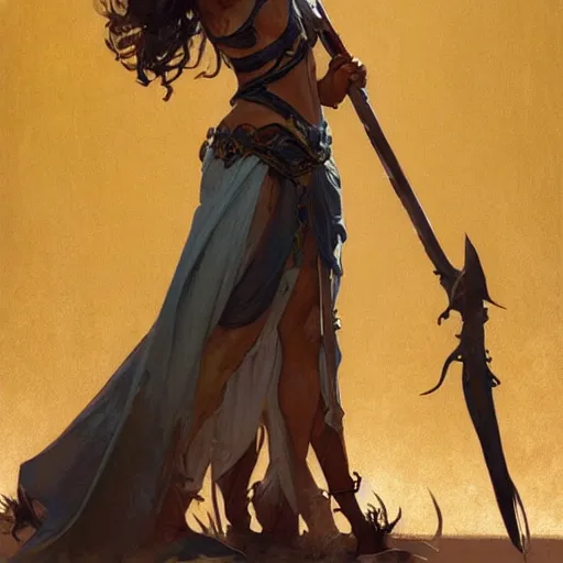 Image similar to a tall woman with dark hair with a crown on her head and a spear in her hand , highly detailed, digital painting, Artstation, concept art, smooth, sharp focus, illustration, art by Greg Rutkowski, Alphonse Mucha