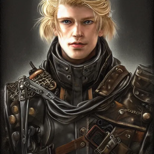 Image similar to portrait of a man by ayami kojima, norwegian, he is about 2 0 years old, blond short hair, tall and strong, older brother vibes, he is wearing a steampunk tactical gear, highly detailed portrait, digital painting, artstation, concept art, smooth, sharp foccus ilustration, artstation hq