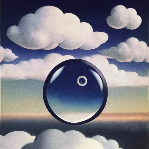 Prompt: a robot floating inside of a soap bubble among the clouds, ethereal, fantasy, style of rene magritte