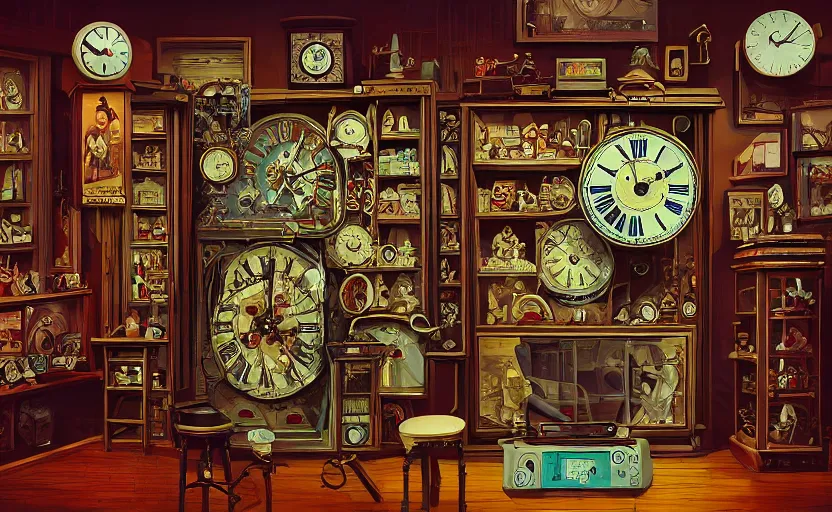 Prompt: Inside an old clock store by James Gilleard, Mark Ryden, Wolfgang Lettl highly detailed