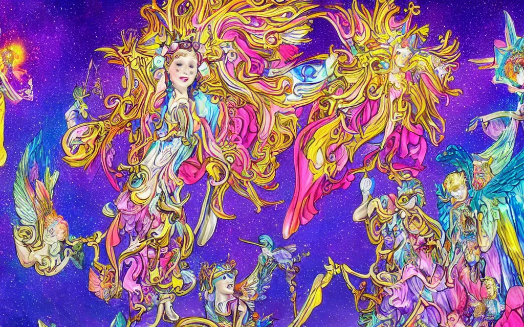 Prompt: vision of angels with a broken crown, trying to fix it by antoni gaudi and lisa frank, style of toonami