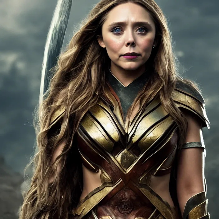 Prompt: professional full length photograph of elizabeth olsen as an amazon warrior. Extremely detailed. 8k