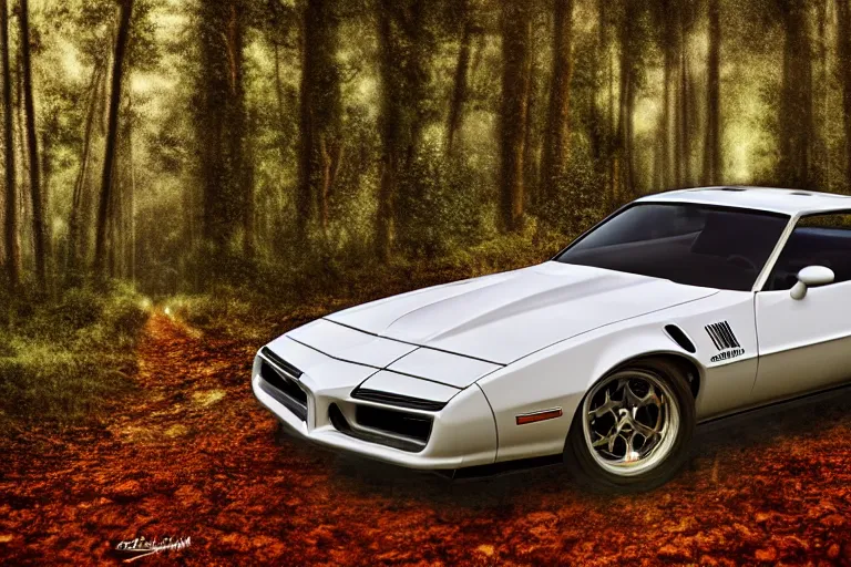 Image similar to reflective white pontiac firebird with kittens drawn on it, dramatic, cinematic, forest, volumetric lighting