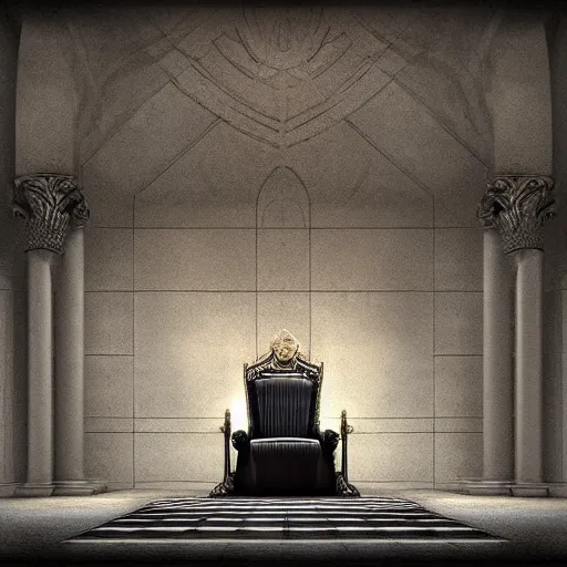 Prompt: Digital art of the throne room Imperial matte finish, ominous dramatic wide angle, god rays