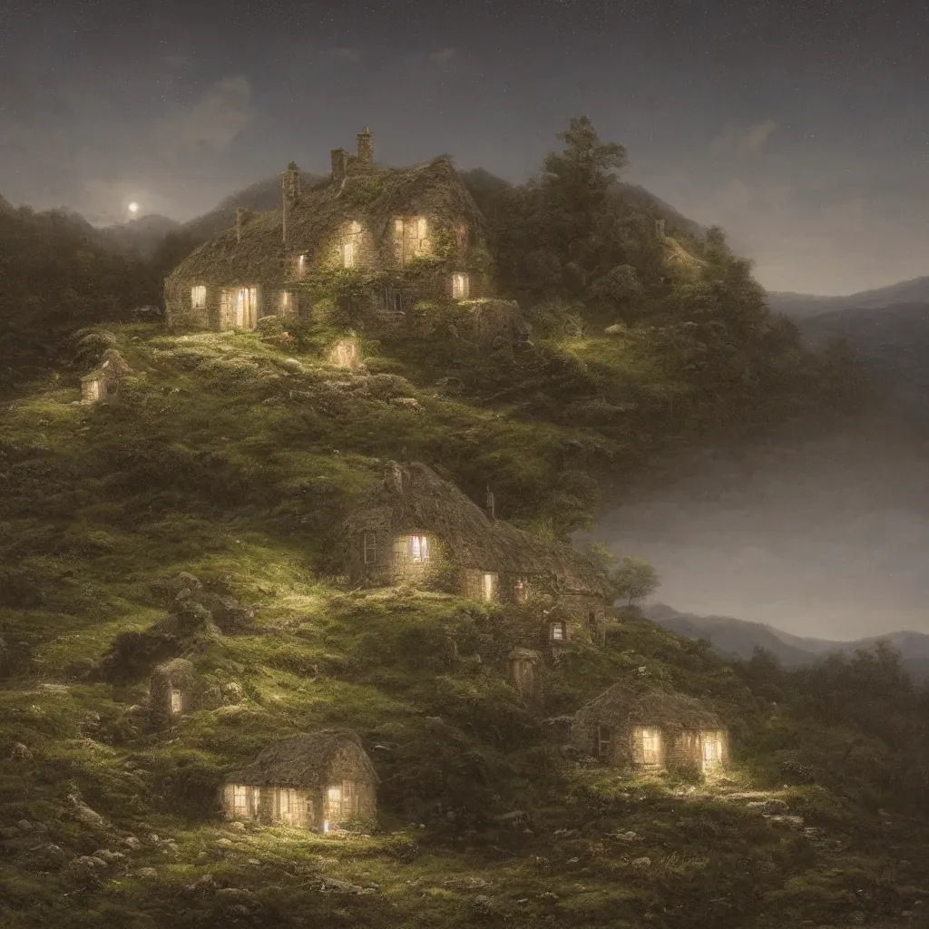 Prompt: A singular decrepit cottage on a mountaintop at night, by Lee Madgwick, hyperrealistic, V-Ray 8k UHD