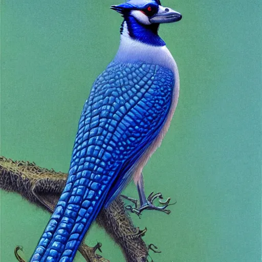 Image similar to a detailed oil painting of a crocodile blue jay hybrid, intricate, trending on artstation, well - lit, by michael whelan, james gurney, and donato giancola - w 7 0 0