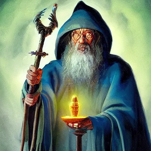 Prompt: “Old wizard with exquisite colored robes, Holding a staff with a crystal at the top, casting a spell, fantasy, D&D, 4k, ultra detailed, by Greg_Rutkowski and Viktor Antonov”