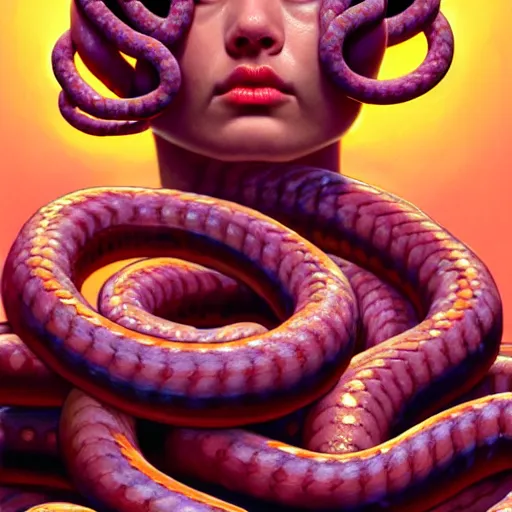 Image similar to medusa with sausages instead of snakes. replace snakes with sausages. intricate abstract. intricate artwork. by tooth wu, wlop, beeple, dan mumford. trending on artstation, greg rutkowski very coherent symmetrical artwork. cinematic, hyper realism, high detail, octane render, 8 k, iridescent accents