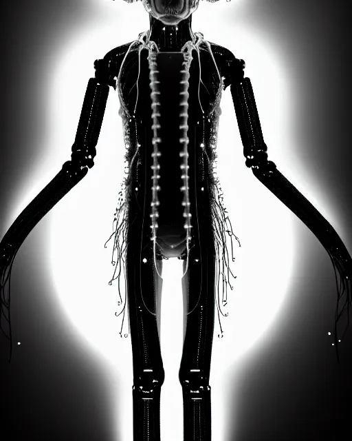 Image similar to black and white young cyborg-human-jellyfish-plant goddess high quality photo, microchip, artificial intelligence, bio-mechanical bio-luminescence, black wired cables, neurons, nerve cells, octane render, cinematic, rim light, hyper realism, photo-realistic, high detail, 8k, masterpiece, high fashion, in the style of H.G. Giger