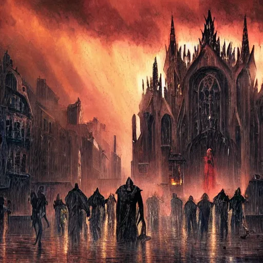 Prompt: A harrowing giant abomination stalks a gothic city, painting, dramatic lighting, raining