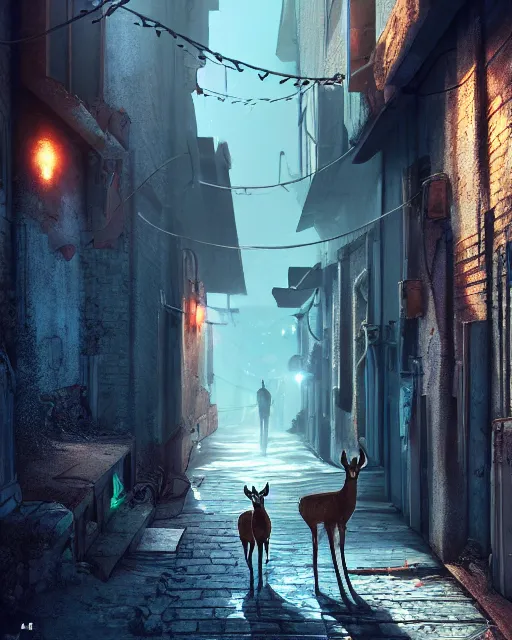 Image similar to artstation scifi scene of two deer long shadow, in a shabby town narrow alley, dim lights, long shadows, summer unreal engine 5, hyper realism, realistic shading, cinematic composition, blender render, octane render, hdr, detailed textures, photorealistic, wide shot