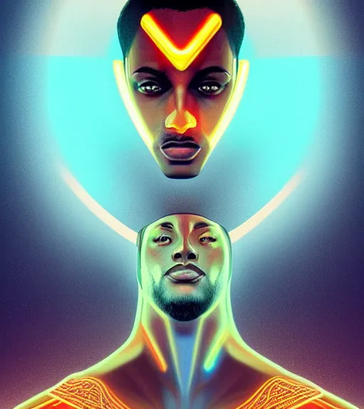 Image similar to symmetry!! egyptian prince of technology, solid cube of light, hard edges, product render retro - futuristic poster scifi, lasers and neon circuits, brown skin man egyptian prince, intricate, elegant, highly detailed, digital painting, artstation, concept art, smooth, sharp focus, illustration, dreamlike, art by artgerm