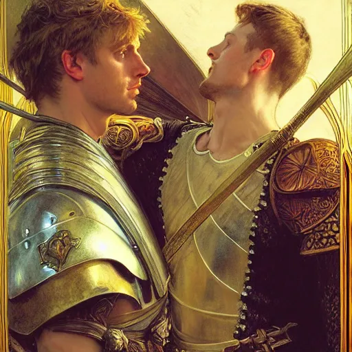 Image similar to attractive arthur pendragon and his attractive male knight, they are in love, natural lighting, path traced, highly detailed, high quality, digital painting, by gaston bussiere, craig mullins, alphonse mucha j. c. leyendecker