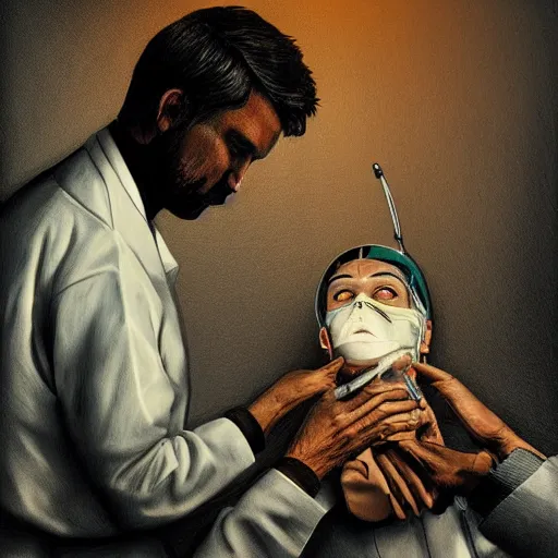 Prompt: A surgeon operating on the head of a patient, dramatic lighting, digital art