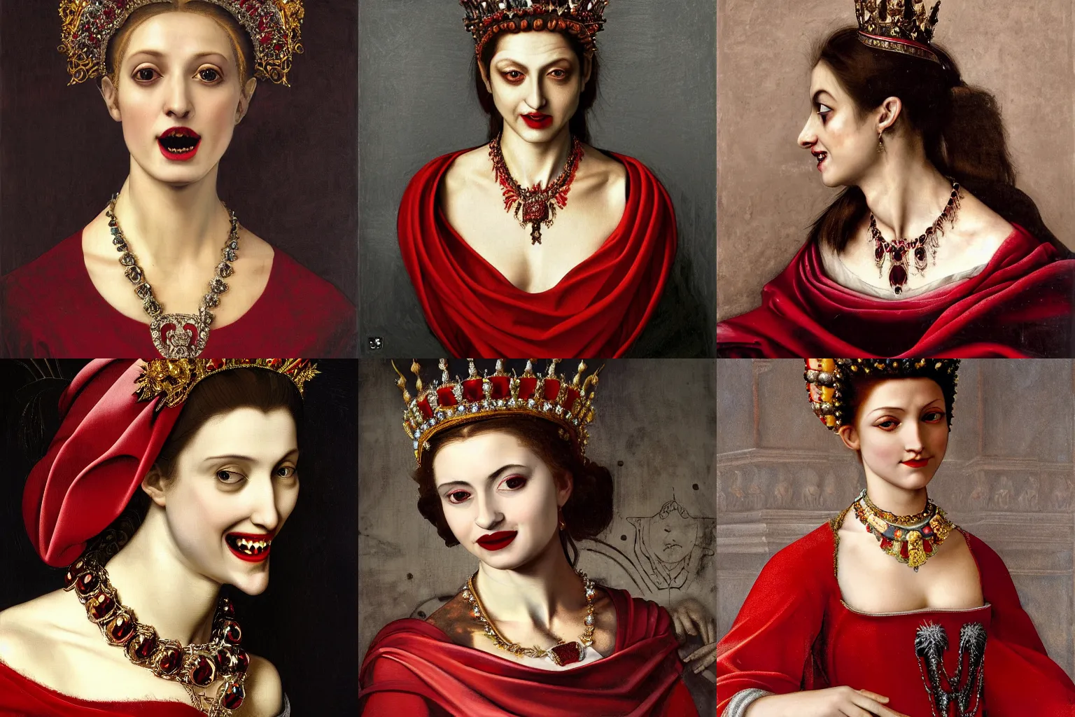 Image similar to A extremely highly detailed majestic hi-res beautiful head and shoulders painting of a beautiful bloody vampire woman with fangs wearing a long royal red silk dress, the crown jewels is on her head and around her neck is a ornate golden necklace decorated with diamonds and rupees and she is smiling wickedly by Michelangelo Merisi da Caravaggio, high detail, hyperrealistic, photorealistic, octante render, cinematic, high textures, royaltly, royal, hyper sharp, 4k insanely detailed and intricate, hypermaximalist, 8k, hyper realistic, super detailed, 4k HDR hyper realistic high,