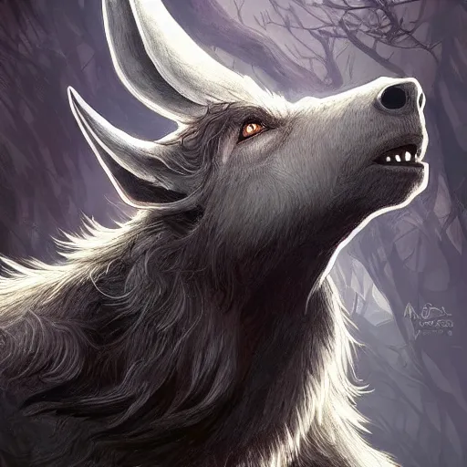 Image similar to 3/4 headshot of cute werewolf, D&D, handsome, fantasy, intricate, long snout, donkey ears, fursona, black hair, elegant, highly detailed, digital painting, artstation, concept art, smooth, sharp focus, illustration, art by artgerm and greg rutkowski and alphonse mucha