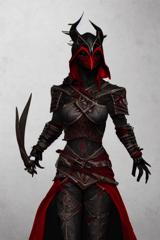 Image similar to female adventurer in tight full - body ebony leather armor of dunmer design with dark red cloth underneath and with a red porcelain crow mask, trending in artstation, establishing shot