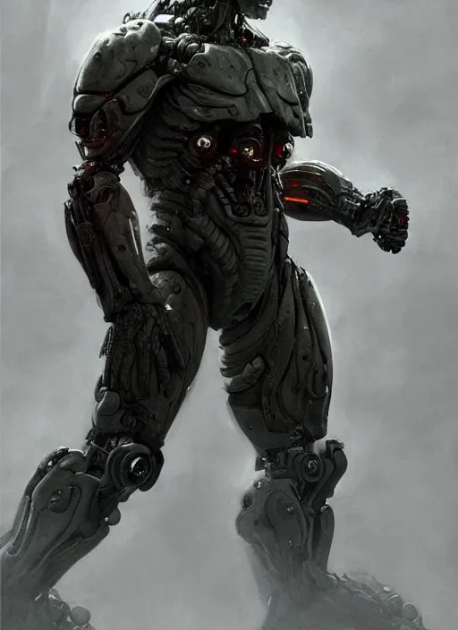 Image similar to cary - hiroyuki tagawa as victor stone, full body concept, cyborg, borg, strogg, face of a man, terminator, flesh, quake strogg, doom demon, wolfenstein, monstrous, powerful, symmetry, symmetrical, concept art by ruan jia and greg rutkowski