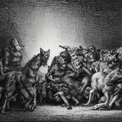 Prompt: a scene from animal farm by george orwell, chiaroscuro, high detail, illustration by gustave dore