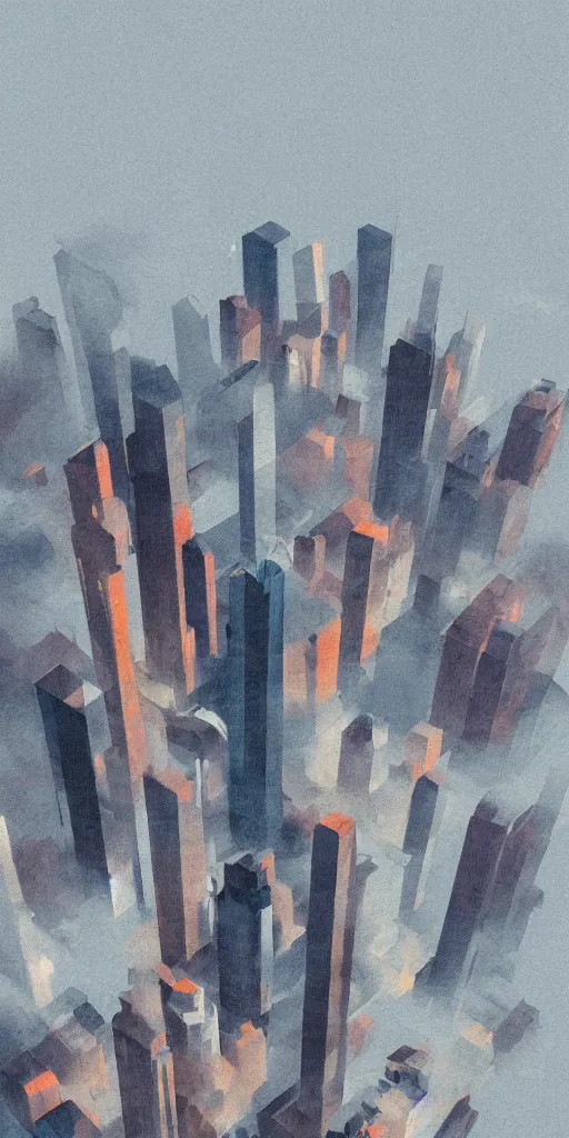 Prompt: digital artwork sketch of a floating crooked skyscraper in the clouds, towering above the misty blue - gray city, view from above, dark orange and dark purple themes, moody lighting, high contrast shadows,