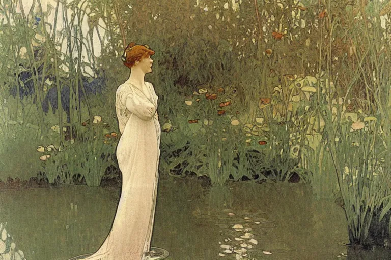 Prompt: woman standing at the edge of a park pond. gown. tiny sailboat in water. art nouveau by alphonse mucha