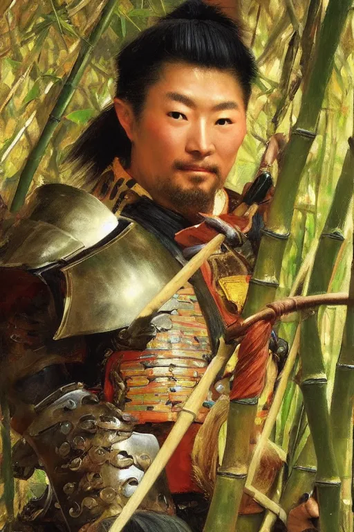 Image similar to close up of samurai warrior in full armor, in a bamboo forest, by vladimir volegov and alexander averin and delphin enjolras and daniel f. gerhartz