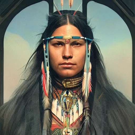 Image similar to A native american Ruler, facial tattoos, techwear, artists portrait, futuristic, fantasy, highly detailed, digital painting, concept art, sharp focus, depth of field blur, illustration, art by artgerm and greg rutkowski and alphonse mucha