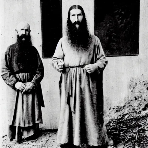 Image similar to photo of breton monks looking like rasputin, with a goat