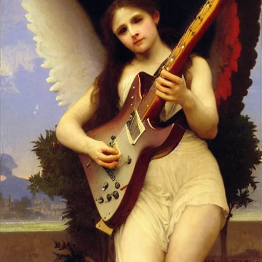 Prompt: an oil painting of an epic angel playing an electric guitar, by Bouguereau, highly detailed and intricate,