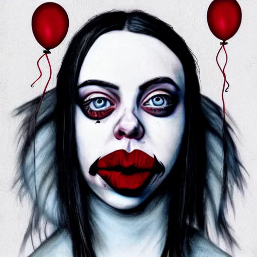 Prompt: grunge painting of billie eilish with her face split down the middle with a wide smile and a red balloon by chris leib, loony toons style, pennywise style, corpse bride style, horror theme, detailed, elegant, intricate