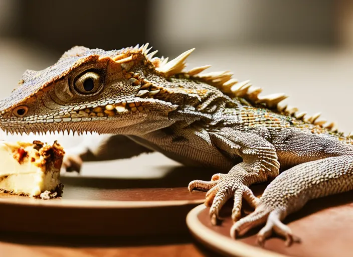 Image similar to dslr portrait still of a bearded dragon eating a slice of cheesecake, 8 k 8 5 mm f 1. 4