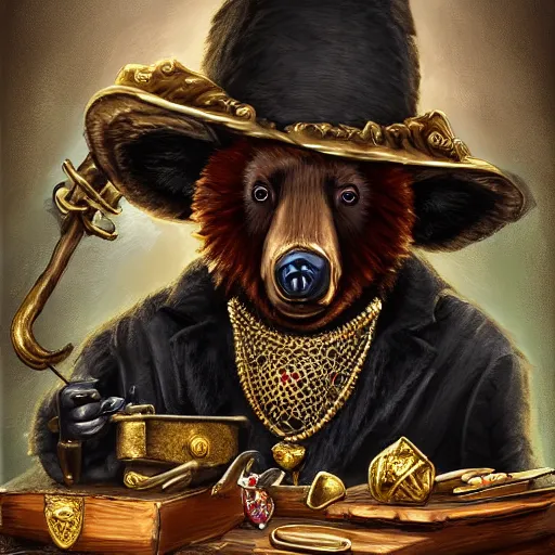 Prompt: Anthropomorphized black bear trader in his shop, selling his wares, portrait, items, gold, magic potions, carpet, window, fancy hat, sly expression , cunning expression, cute expression, long thick shiny gold beak, presenting wares, holding a gold bag, D&D, fantasy, cinematic lighting, highly detailed, digital painting, artstation, concept art, smooth, sharp focus, illustration, warm light, cozy warm tint, magic the gathering artwork, volumetric lighting, 8k, art by Akihiko Yoshida, Greg Rutkowski