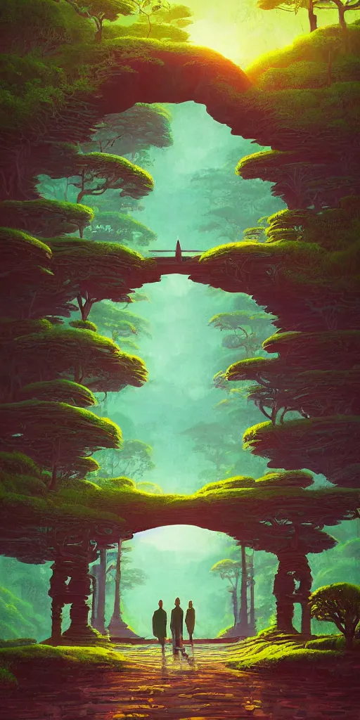 Image similar to the green torii gate!!! a highly detailed cinematic oil painting by roger dean and alena aenami, dynamic lighting