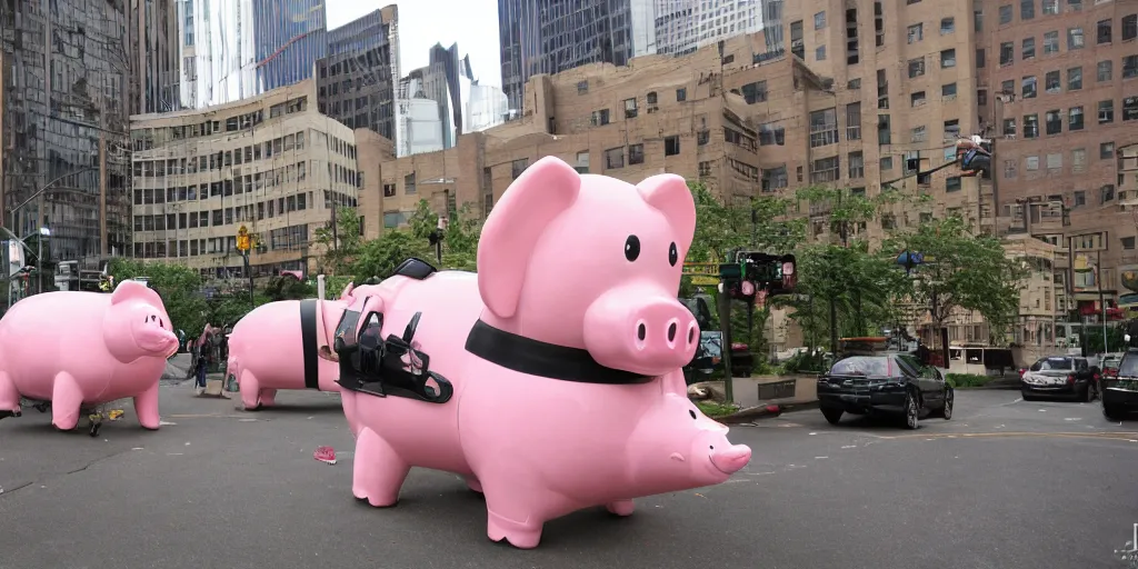 Image similar to giant mechanical piggy attacks pittsburgh