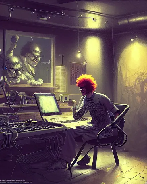 Prompt: ronald mcdonald with headphones at his home studio producing music late at night, very detailed, 4 k, concept art like ernest khalimov, intricate details, highly detailed by greg rutkowski, ilya kuvshinov, gaston bussiere, craig mullins, simon bisley