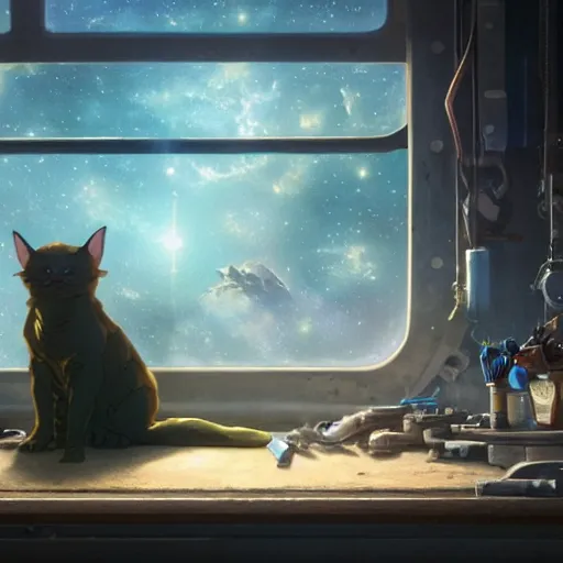 Image similar to an alien space cat sleeping on a mechanics workbench while their owner repairs in a spaceport in a fantasy ghibli animated film, volumetric lighting, octane render by stanley artgerm lau, greg rutkowski, studio ghibli, alphonse mucha, loish, norman rockwel, highly detailed, warm lighting, lens flare - w 7 0 4