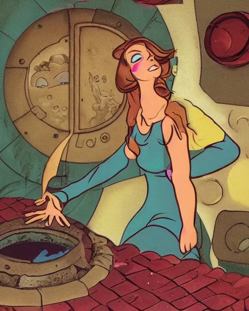 Prompt: attractive young woman cautiously peering into manhole cover open swirling into another dimension, surreal, ralph bakshi