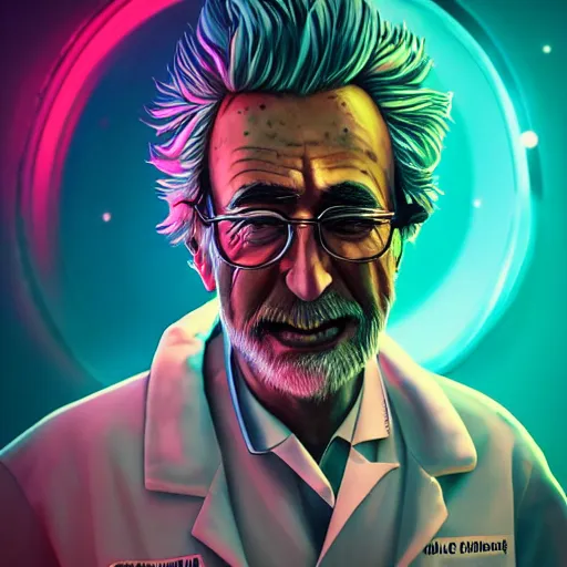 Image similar to portrait art illustration of old rick sanchez, lab coat and tee shirt, lens flare, atmosphere, glow, detailed, intricate, full of colour, cinematic lighting, 4 k, hyperrealistic, focused, extreme details, cinematic, masterpiece