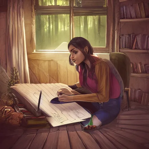 Image similar to a brown female author writing a book in a cottage in the woods, detailed digital art, trending on artstation, realistic! 8k