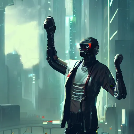 Prompt: cyberpunk cool happy man raising arms, concept art, artstation