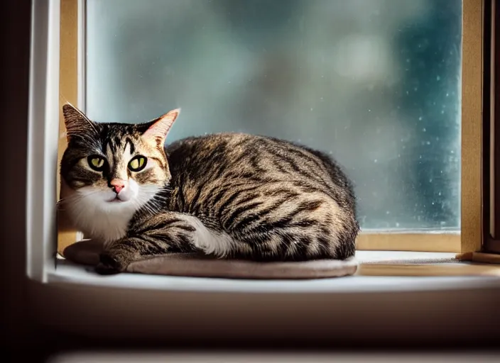 Image similar to photography of a Cat . watching outside the window while it rains. on a bed. in a 70's room full of vinyls and posters, photorealistic, raining award winning photo, 100mm, sharp, high res