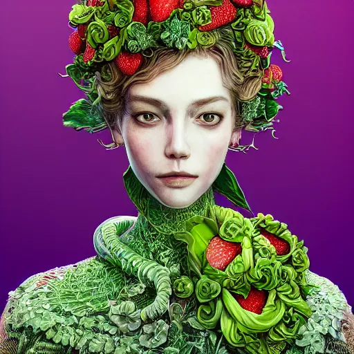 Prompt: the portrait of an absurdly beautiful, graceful, elegant, sophisticated, fashionable woman made of strawberries and green petals looking up, an ultrafine hyperdetailed illustration by kim jung gi, irakli nadar, intricate linework, bright colors, octopath traveler, final fantasy, unreal engine 5 highly rendered, global illumination, radiant light, detailed and intricate environment