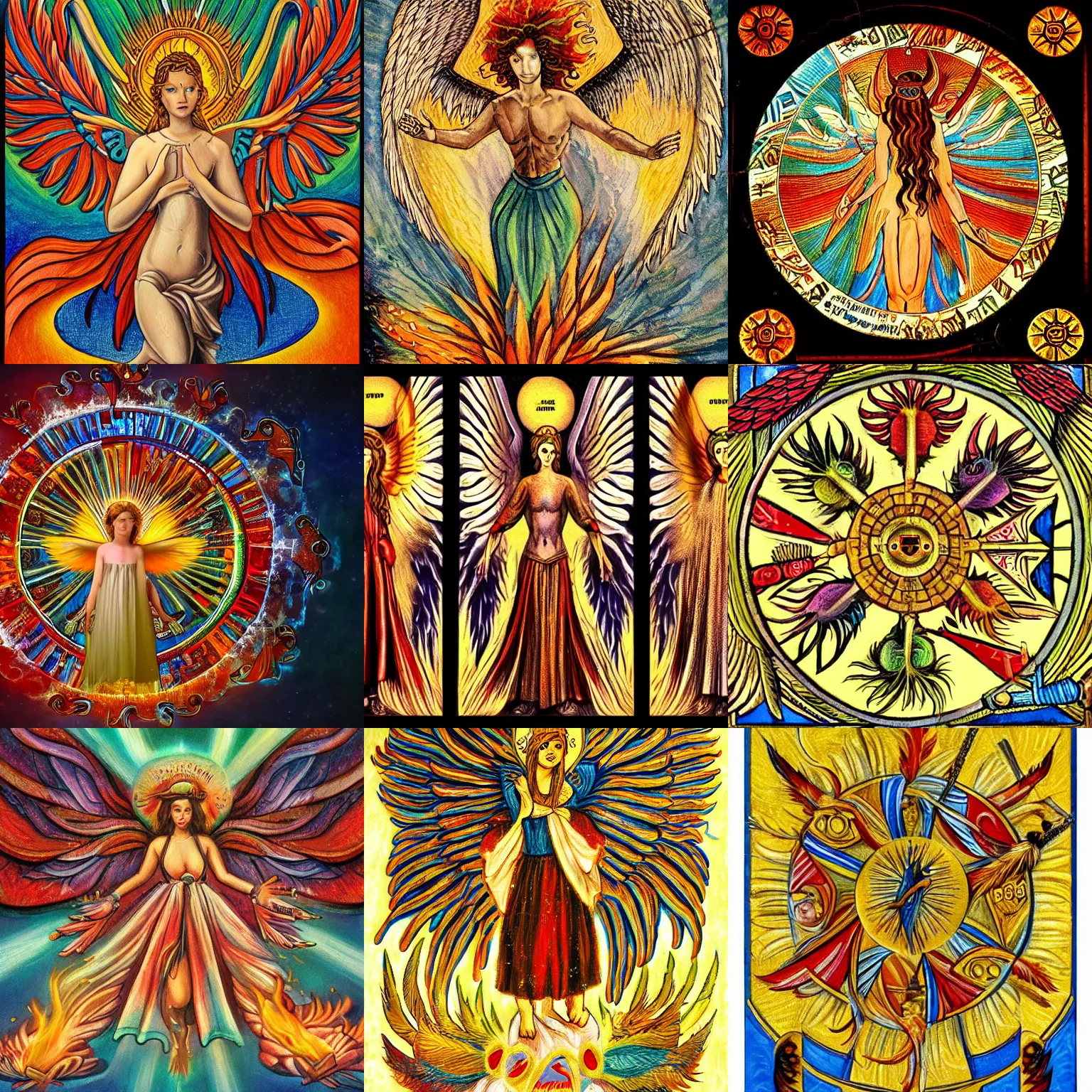 Prompt: Biblically accurate angel, wheel of a thousand eyes, feathers, fire, hallucinatory
