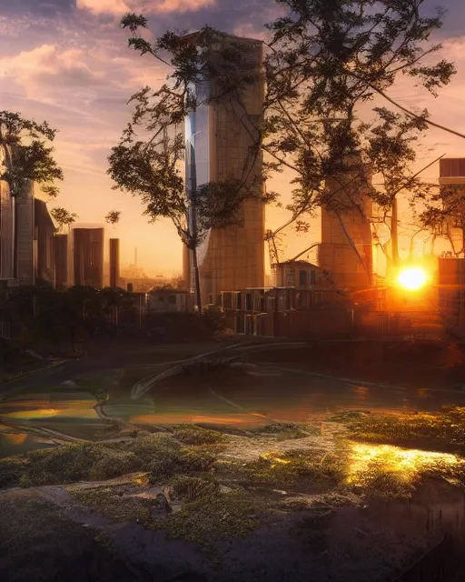 Image similar to photo of sunrise over a beautiful solarpunk city, many trees, dramatic lighting, romantic, sci-fi, futuristic, hyper realistic, architecture