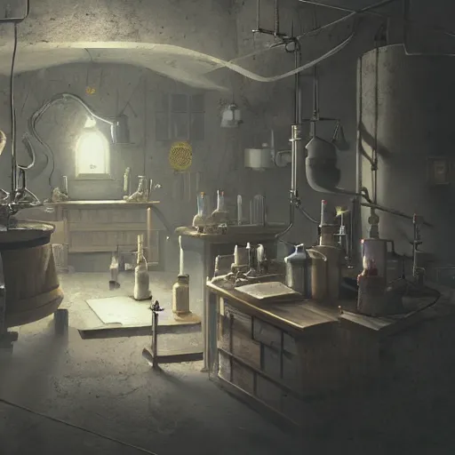 Image similar to inside a mysterious alchemist\'s laboratory, physically based octane render, trending on artstation