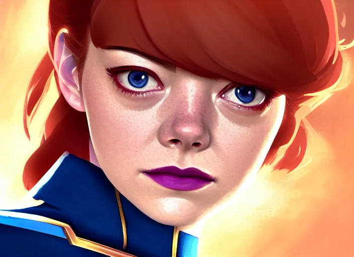 Image similar to a disney film still of emma stone as a star trek officer, finely detailed features, closeup of the face, perfect art, dusk, blue hour, gapmoe yandere grimdark, trending on pixiv fanbox, painted by greg rutkowski, makoto shinkai, takashi takeuchi, alphonse mucha, akihiko yoshida