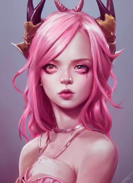 Image similar to a highly detailed illustration of cute smug pink haired pale girl with horns wearing pink dress, dramatic smirk pose, intricate, elegant, highly detailed, centered, digital painting, artstation, concept art, smooth, sharp focus, league of legends concept art, wlop.